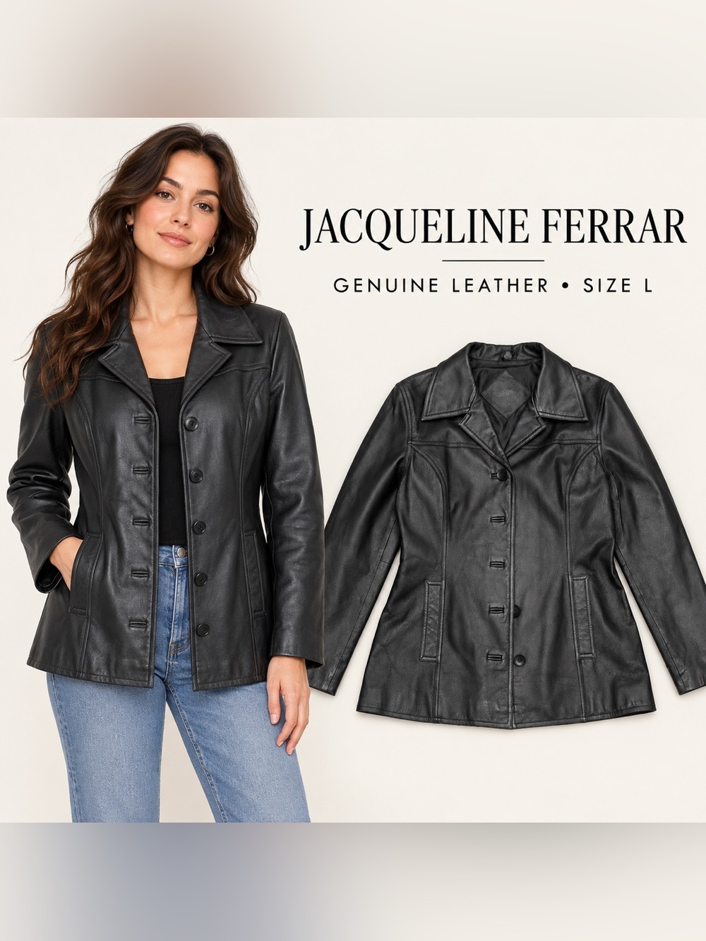 Jacqueline Ferrar Women’s Black Genuine Leather Button Front Jacket Size L